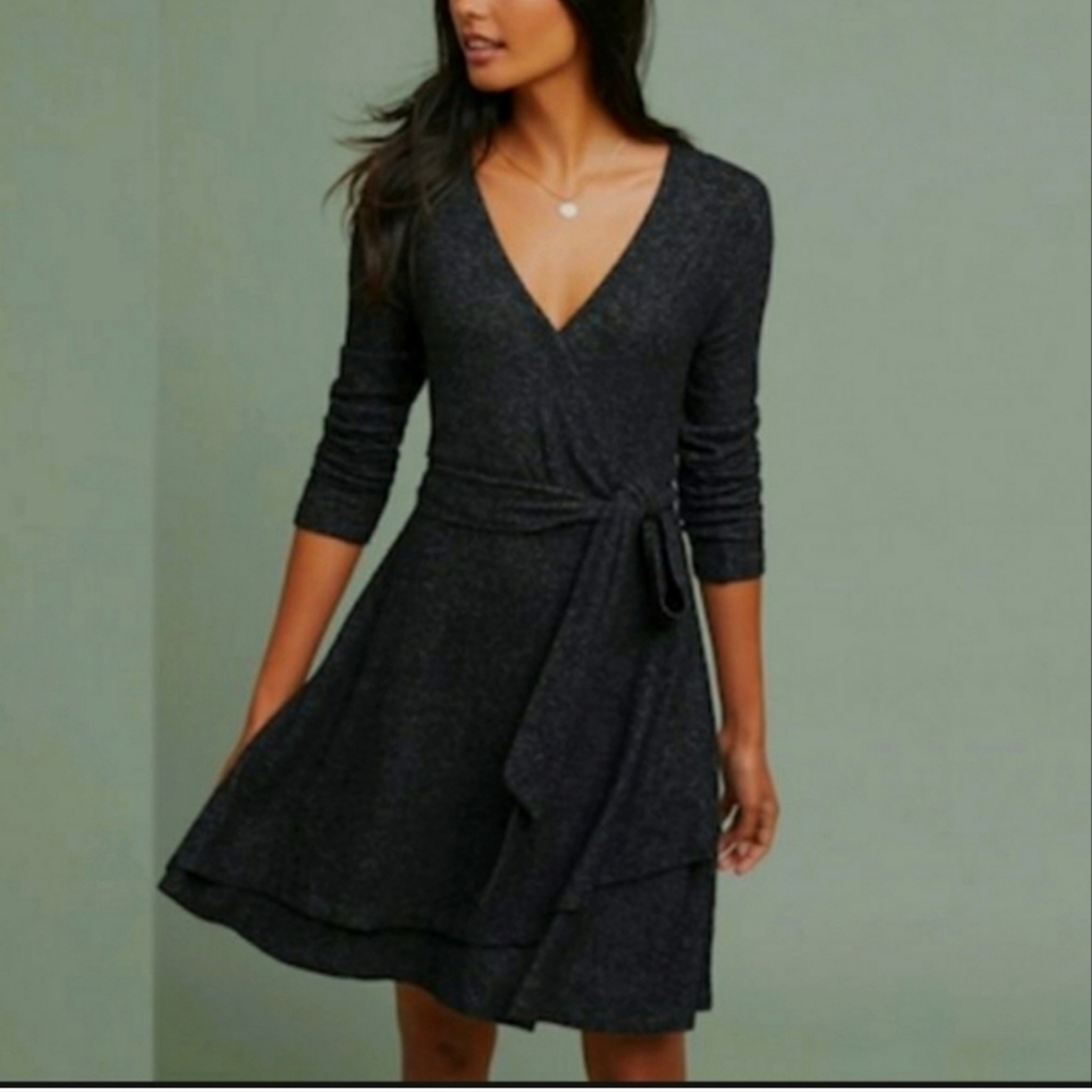 Anthropologie Saturday Sunday Jersey Knit Surplice Faux Wrap Longsleeve Black XS